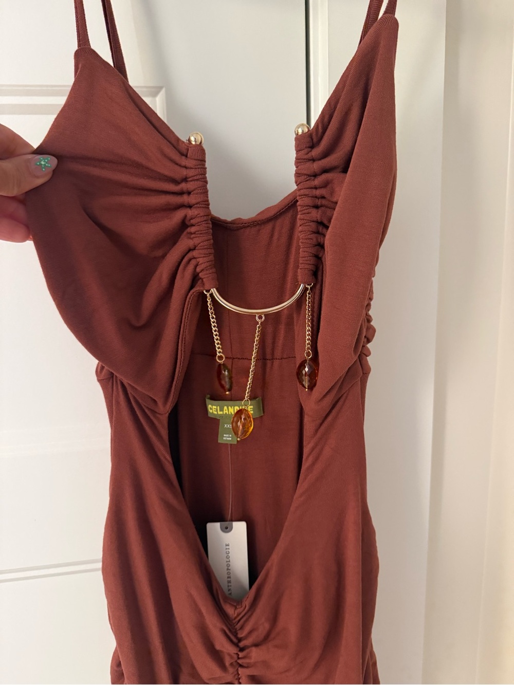 Ruched Rust Maxi Dress with Gold Chain Accent